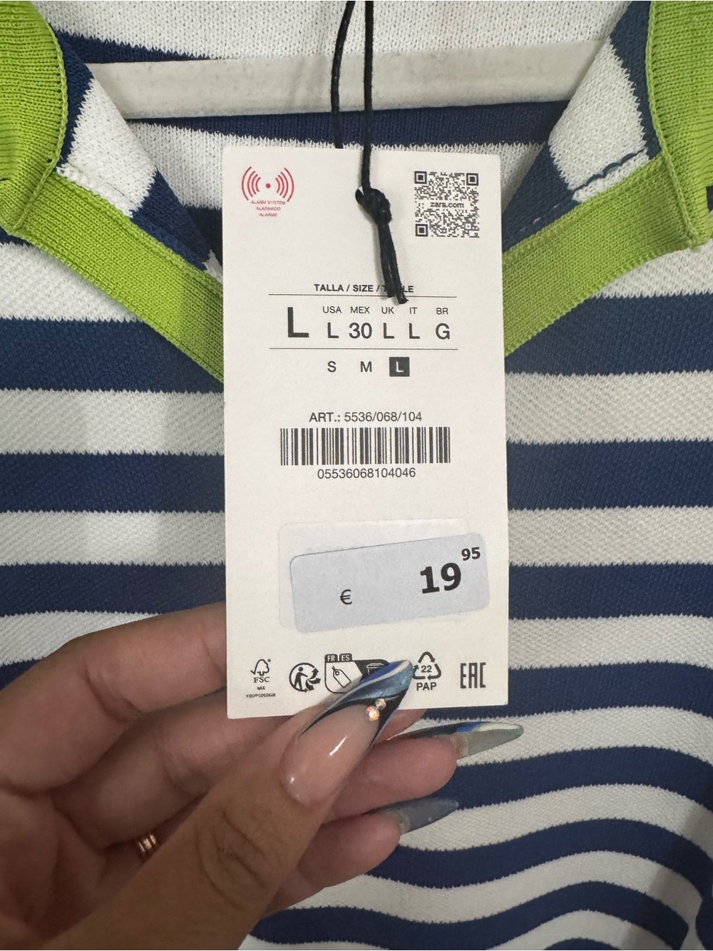 Zara Navy & White Striped Crewneck Sweater with Lime Trim - Picture 2 of 4